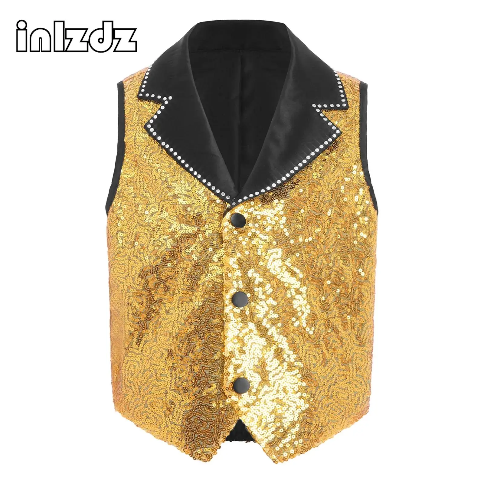 Kids Sequins Vest Boys Girls Jazz Hip Hop Dance Tops Contrasting Sleeveless Asymmetrical Hem Waistcoat Stage Performance Costume