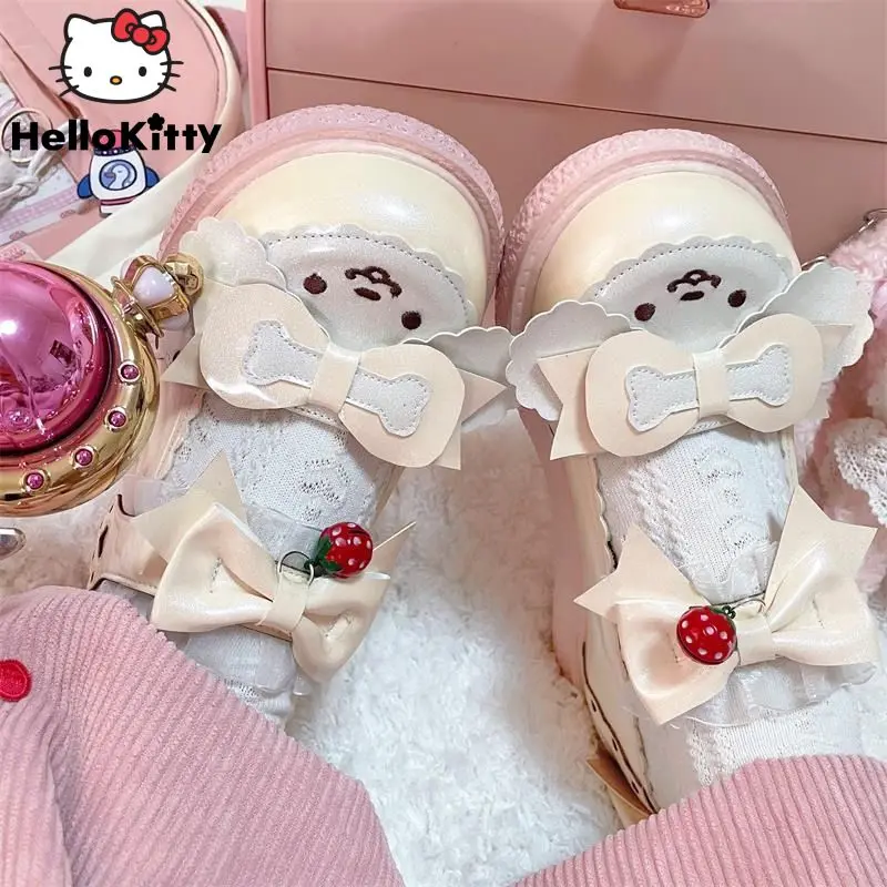 Nowa Sanrio Cinnamoroll buty Mary jane kobiet Y2k Preppy słodka Lolita buty z pętelkami moda Cosplay wszechstronny małe skórzane buty