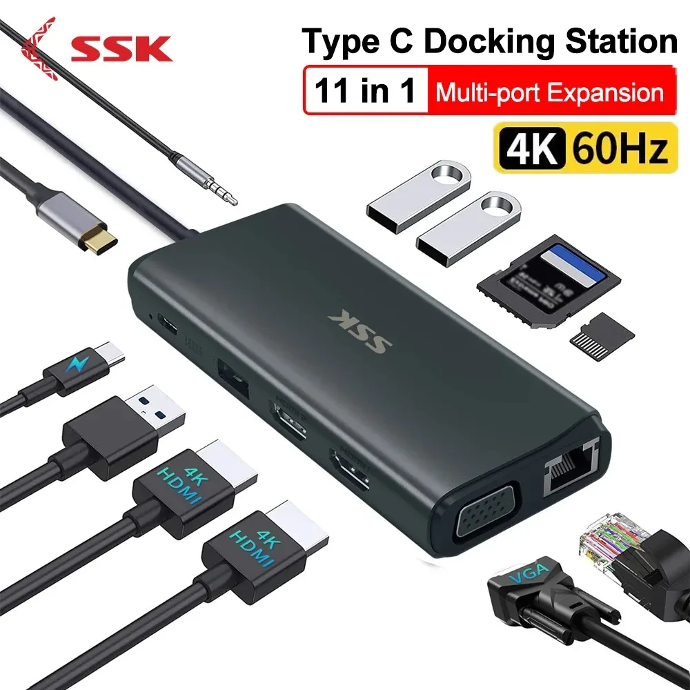 

SSK USB C HUB to HDMI-compatible VGA USB 3.0 Adapter 11 in 1 USB Type C HUB Dock for PC MacBook Pro Air PD RJ45 SD Card Reader