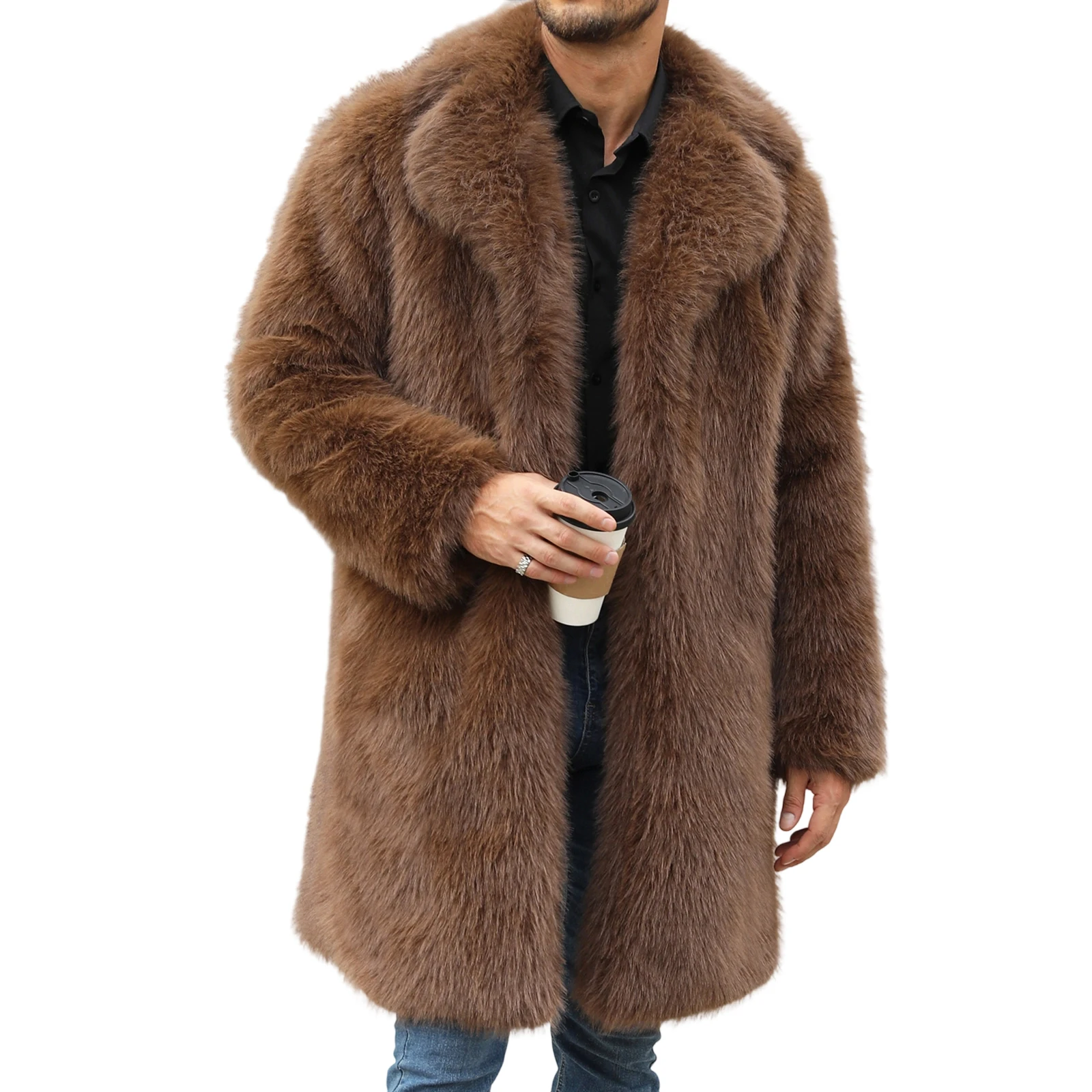 

Men’s Faux Fur Coat Winter Warm Long Sleeve Lapel Collar Open Front Jacket Overcoat Outwear