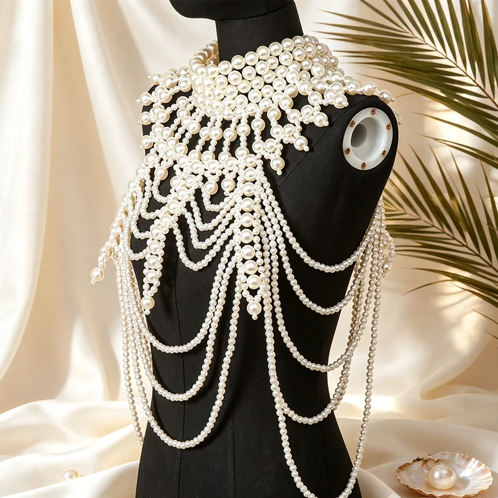 Fashion Simulated Pearl Multi-layer Pearl Necklace Exaggerated Long Bride Pearl Shawl Sexy Body