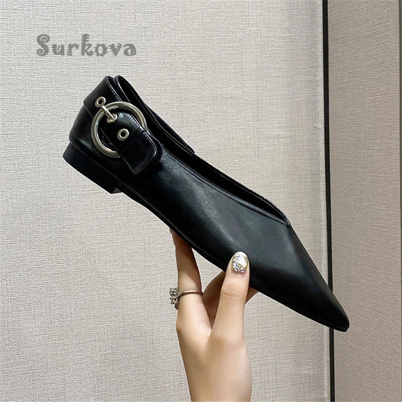 Casual Flat Single Shoes Sexy Pointed Toe Buckle Strap Witch Pumps Soft Leather Comfortable Wrapped Feet Slimming Grandma Shoes