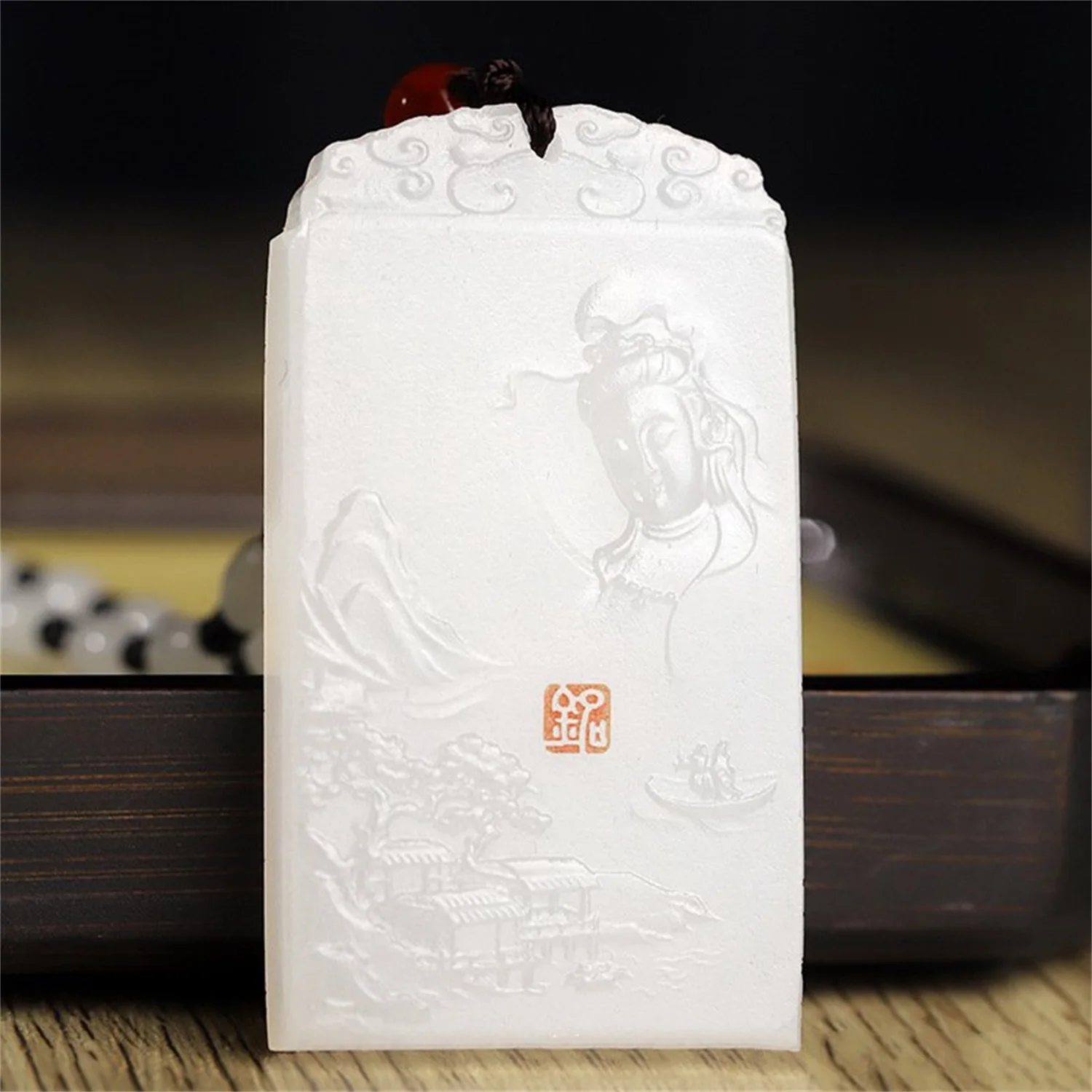 Natural Afghan White Jade Hand Carved Guanyin Bodhisattva Landscape Pendant Necklace Spiritual Protection Amulet Stone Jewelry