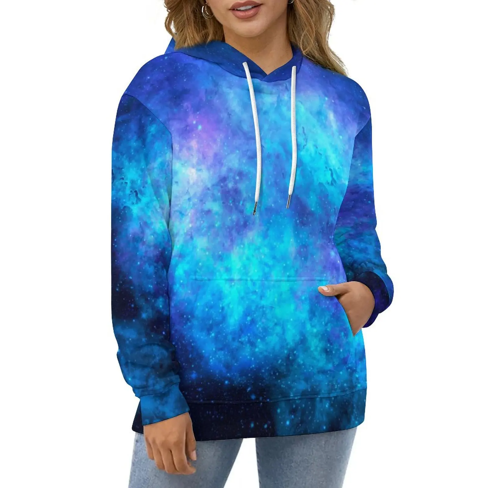 

Blue Galaxy Print Hoodies Space Stars Hip Hop Casual Pullover Hoodie Long-Sleeve Retro Design Sweatshirts Gift Idea