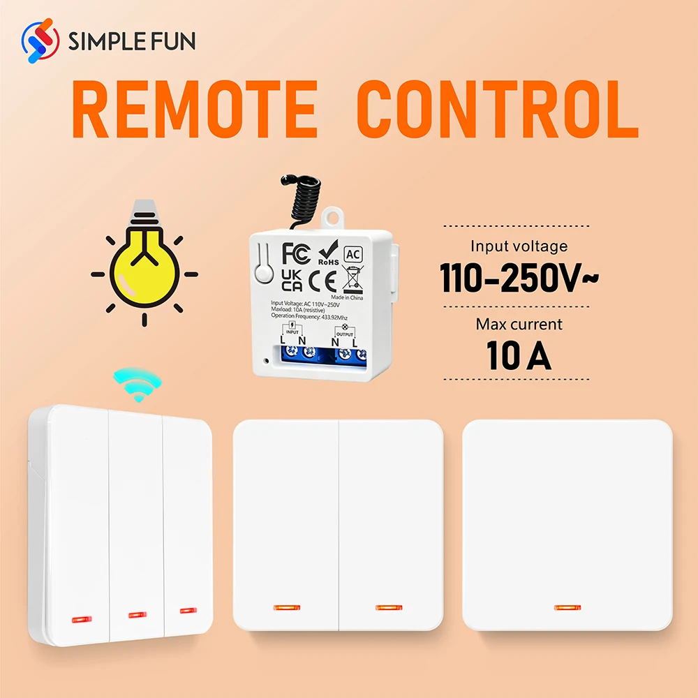 Wireless Light Wall Switch Relay Receiver 110V 220V 10A 433MHz 1/2/3Gang Panel Switch Remote Control Interruptor for LED Lamp