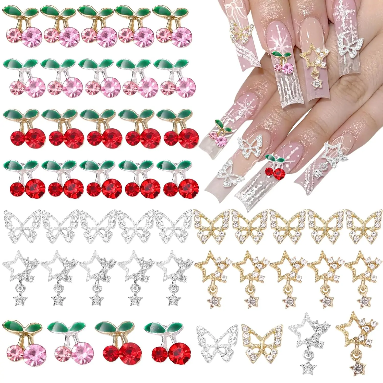 40 Pcs Alloy Nail Gems Charms, Silver Gold 3D Butterfly Dangle Star Nail Rhinestones Charms Pink Red Cherry Shiny Diamond Nail