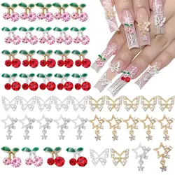 40 Pcs Alloy Nail Gems Charms, Silver Gold 3D Butterfly Dangle Star Nail Rhinestones Charms Pink Red Cherry Shiny Diamond