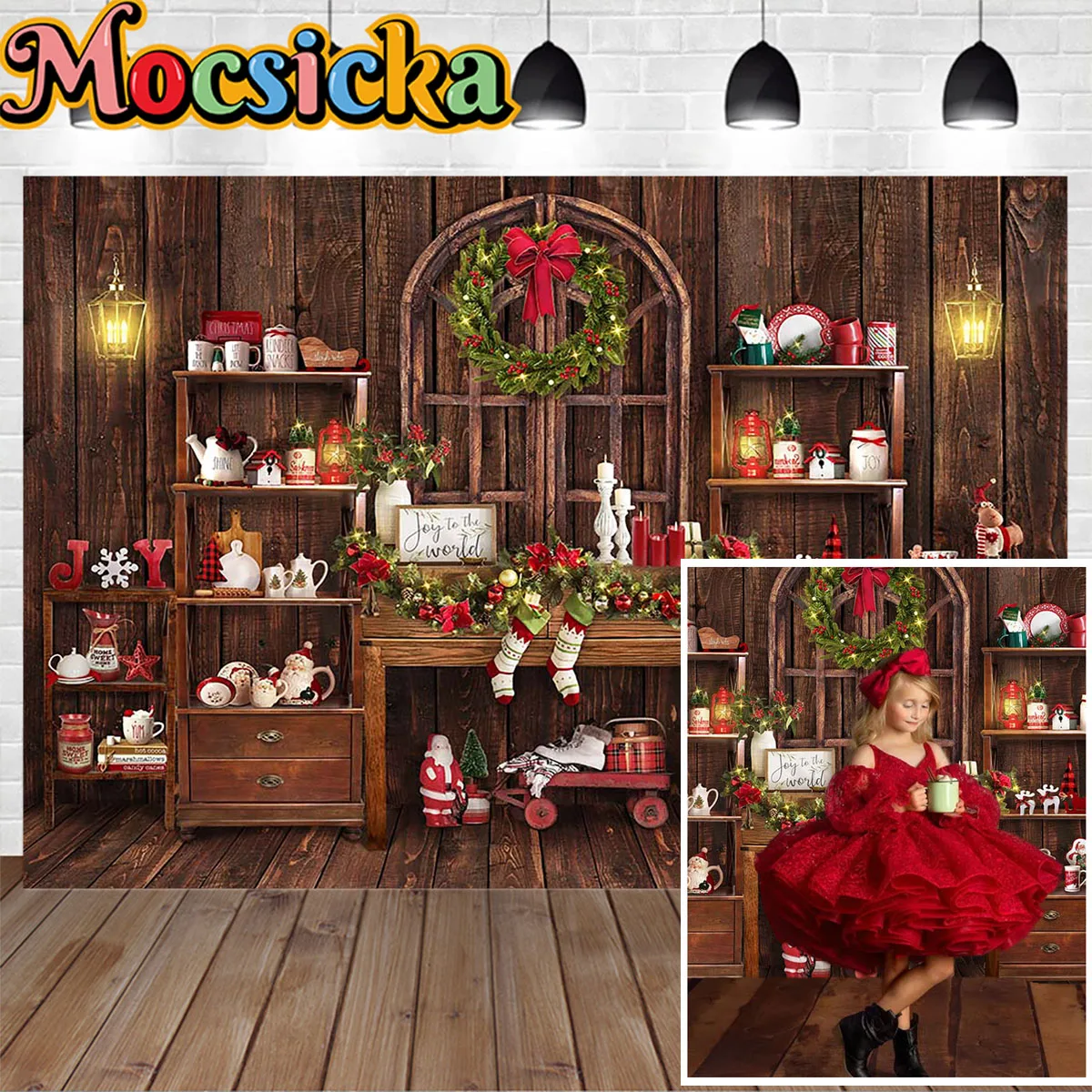 Christmas Cupboard Decor Wooden Background Garland Red Socks Santa Claus Studio Photography Backdrop Newborn Baby Shower Photo