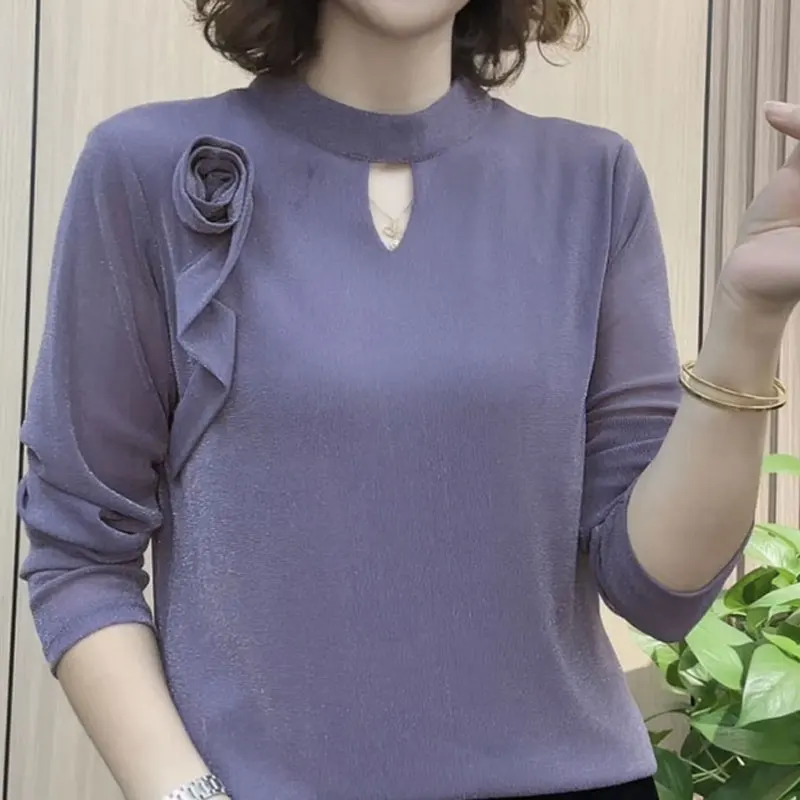 

Elegant Hollow Out Half High Collar T-shirt Female Clothing Spring Autumn Fashion Rose Three-dimensional Decoration Pullovers