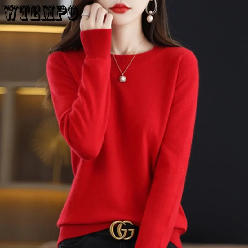 WTEMPO Women Sweaters Autumn Spring Warm Knitwears O-neck Long Sleeve Pullovers Solid Fashion Korean Bottoming Shirts Knit Tops