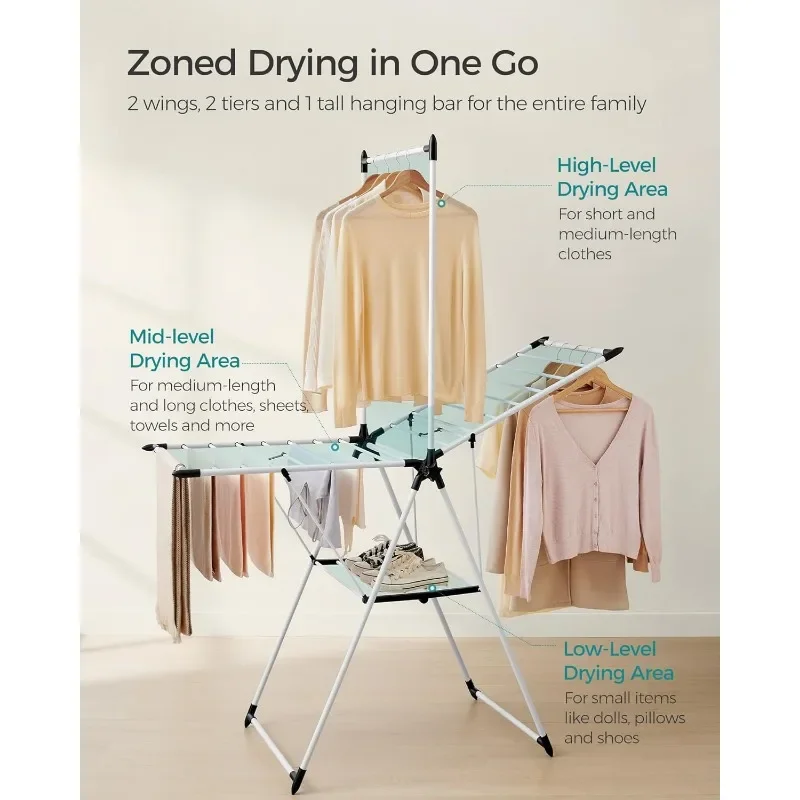 Clothes Drying Rack, Foldable 2-Level Laundry Drying Rack, Free-Standing Airer, 1 Additional Tall Hanging Bar