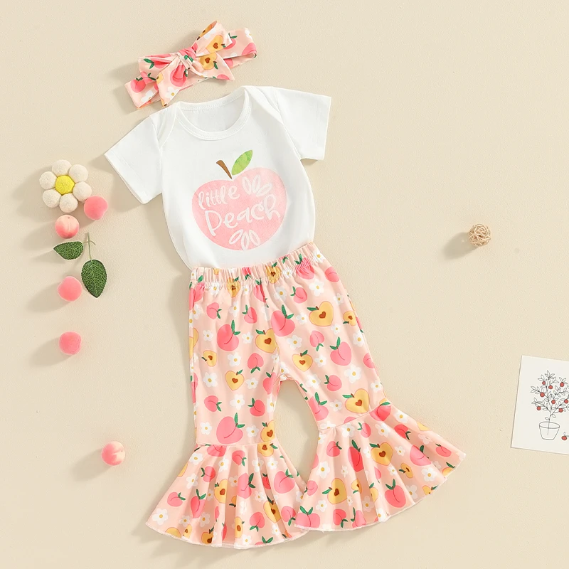 

Newborn Baby Girl Outfits Peach Short Sleeve Romper T-Shirt Tops Bell Bottom Pants Set Summer Clothes