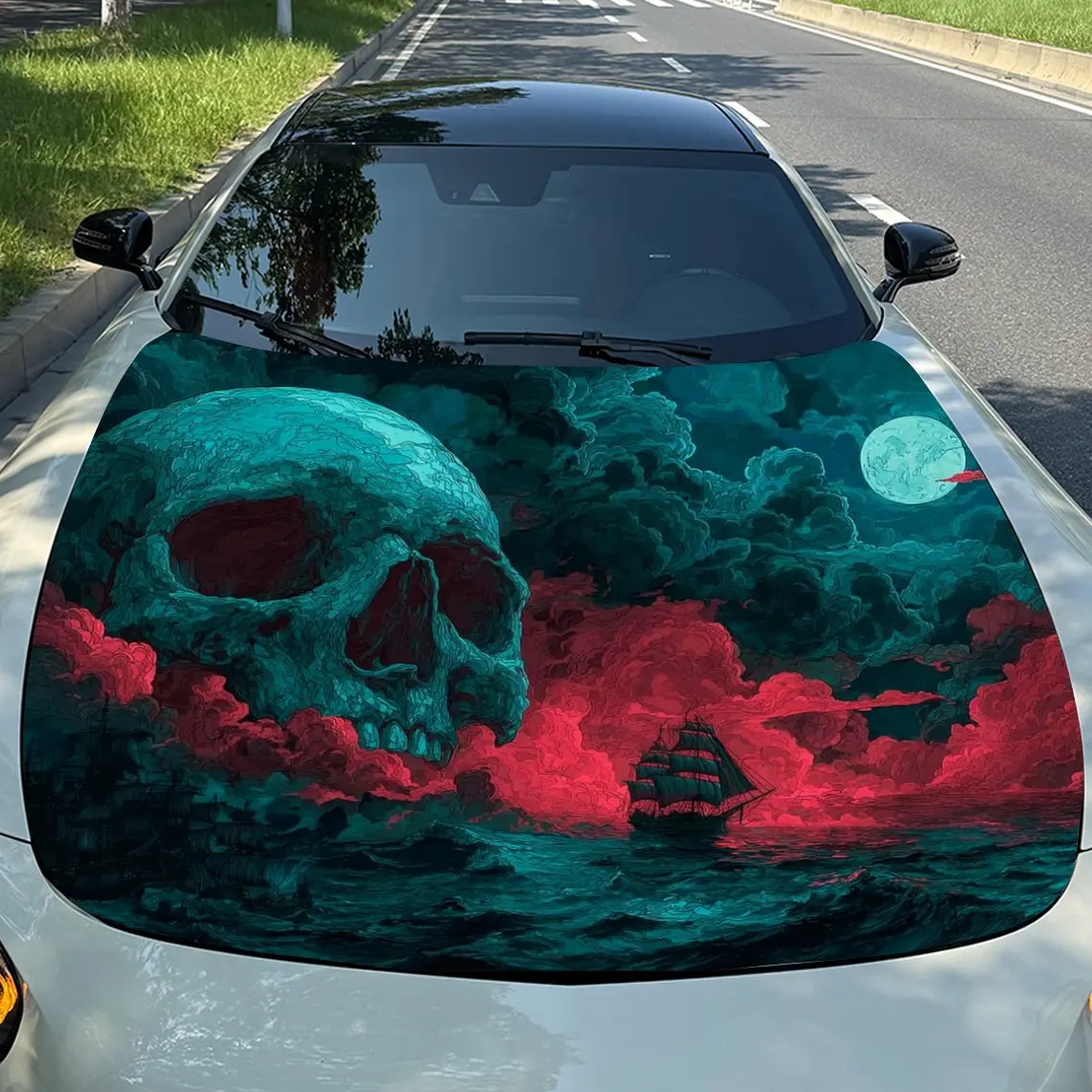 غلاف فينيل للسيارة على شكل جمجمة القمر الأحمر من Nether Sea، ملصق غطاء السيارة المقاوم للماء من مادة PVC، ملصقات ذاتية اللصق مقاومة للخدش لـ