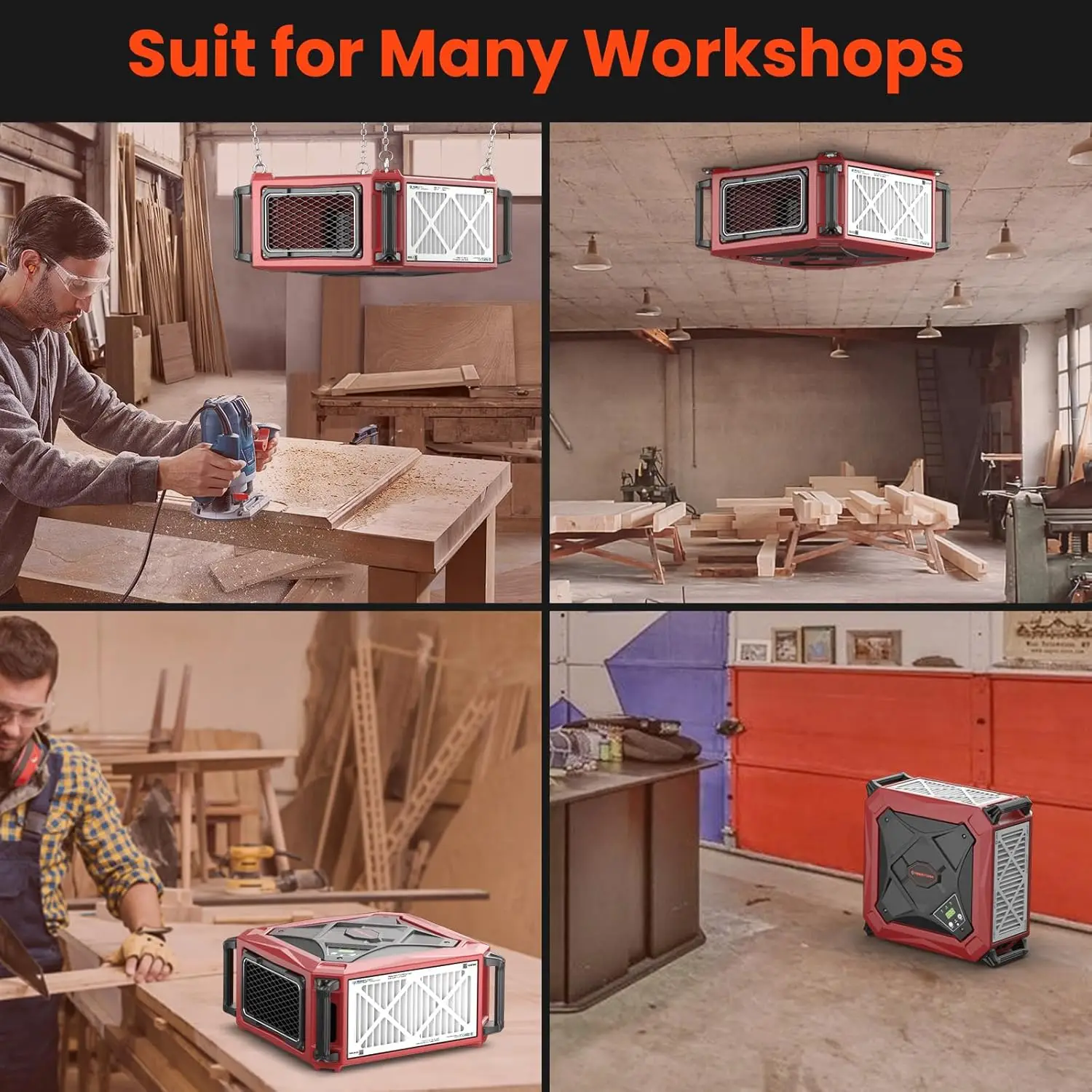 نظام تنقية هواء مدخل 1080 CFM، مجمع غبار ورشة عمل 270 درجة مع جهاز تحكم عن بعد، مثبت على السقف