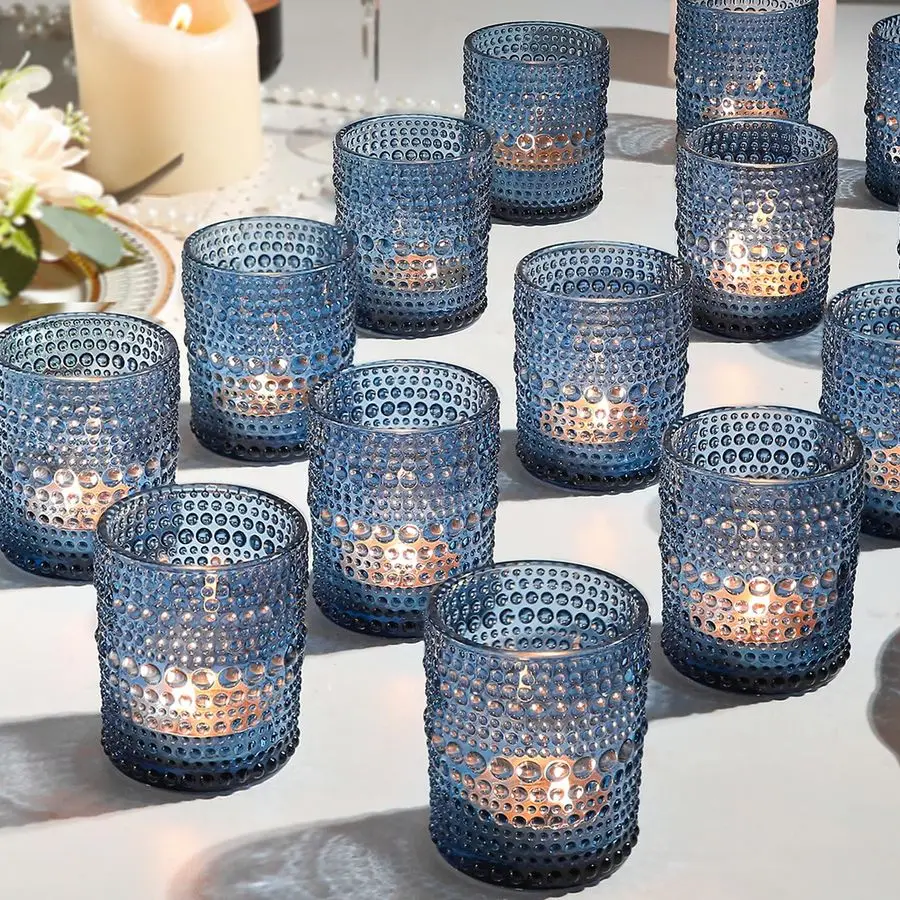 

Pack Votive Candles Holders 2x2.5in Blue Vintage Glass Votives Tealight Candle Holders for Table Centerpieces, Tea Light Candle