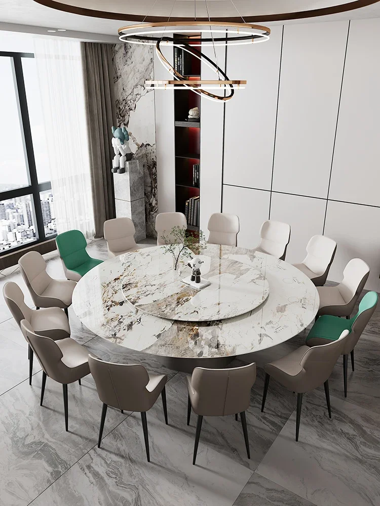 Marble rock slab circular dining table and chair, home hotel electric rotary table, large round table with hot pot