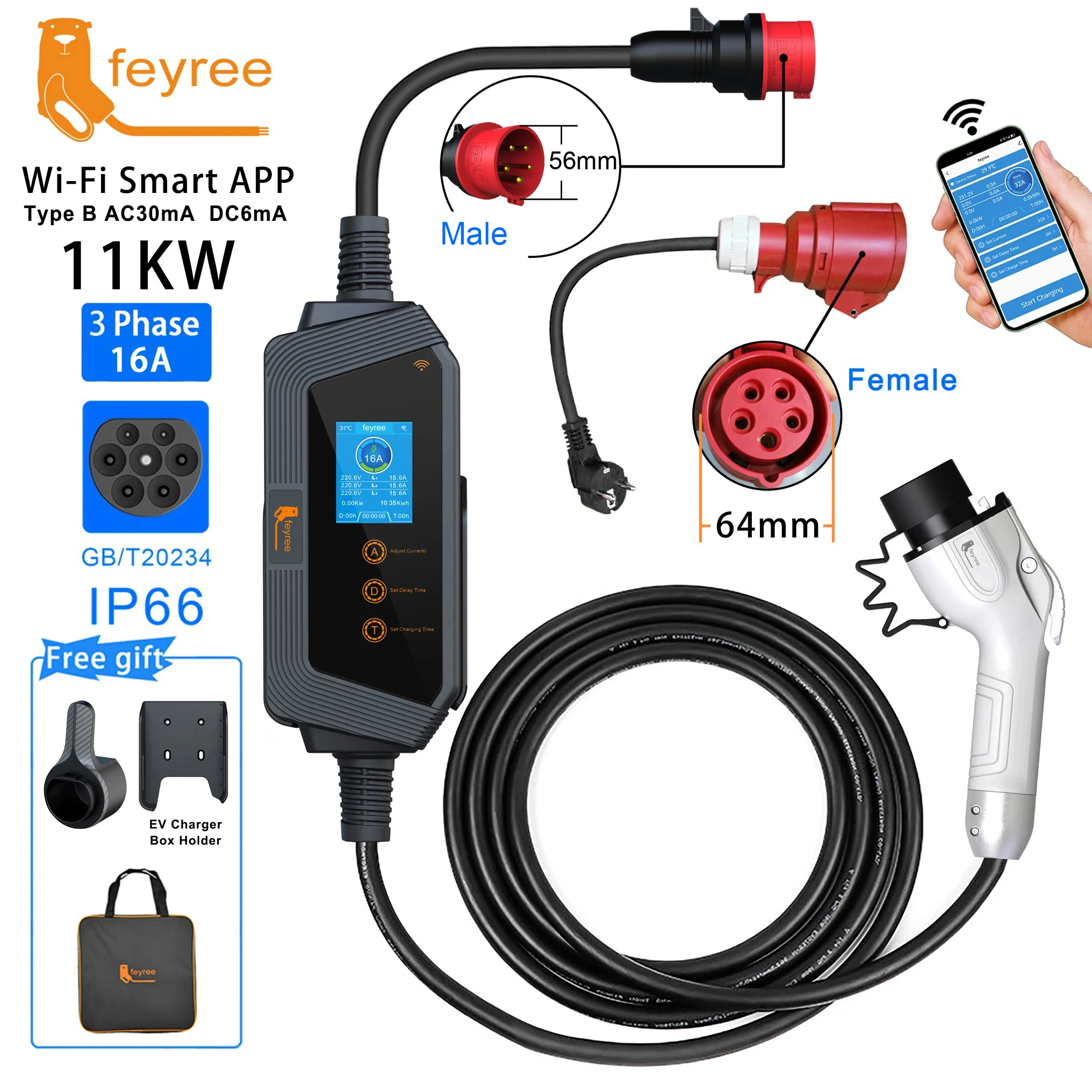 

Feyree GBT Cord EV Портативное зарядное устройство APP WIFI Control 11KW 16A 3-фазный зарядный блок EVSE 5 м Кабель CEE Plug для электромобиля Автомобиля