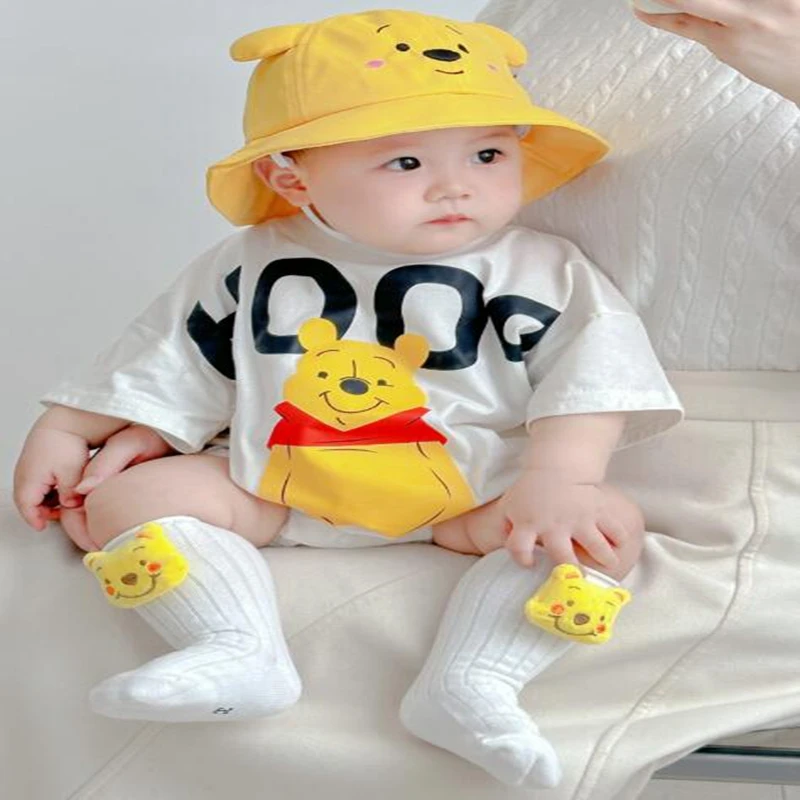 Baby Rompers Boys Girls Newborn Socks Hat 3pcs Clothes Set Cartoon Mickey Mouse Pooh Donald Duck Cotton Jumpsuit Infant Bodysuit