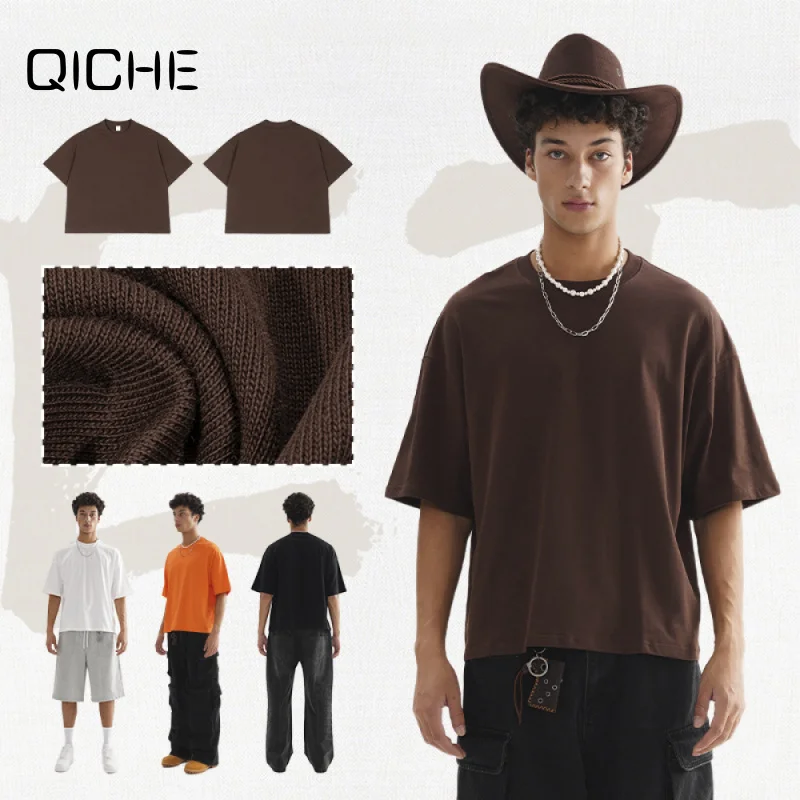 QICHE Men Trendy Boxy Fit Cotton Short Sleeve T-shirt, High Quality Drop Shoulder Loose Crew Neck Casual Top