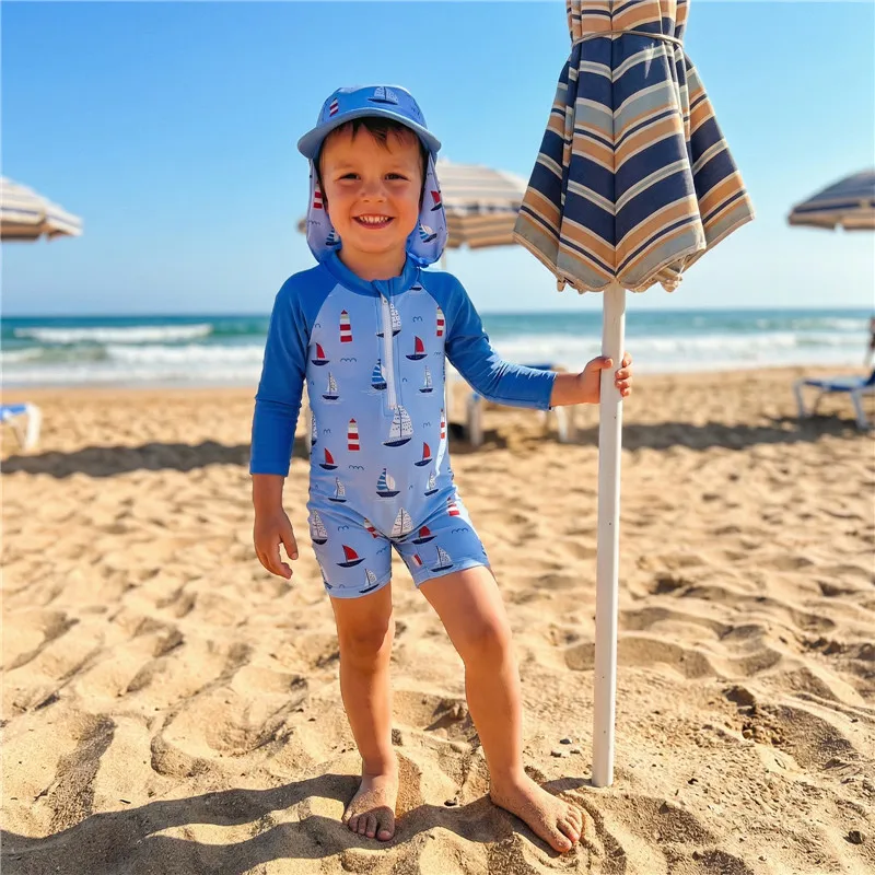 0-5years Toddler Baby Boys Swimsuit Set Sailboat/Shark Print bathing suit Upper Zipper Rash Guard Swimwear for toddler boys