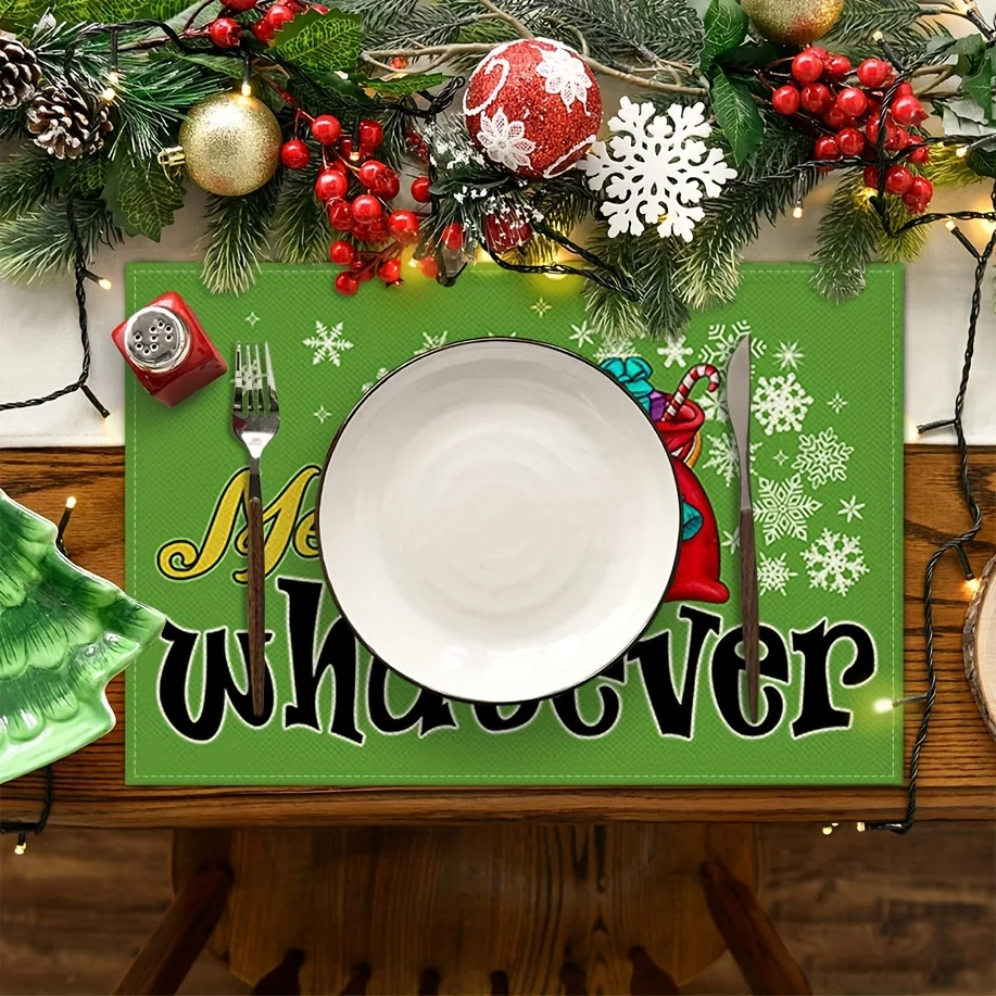 4pcs, Christmas Gift Snowflake Green Christmas Placemat, 12X18 Inches, Seasonal Rural Holiday Retro Gratitude Winter Placemat