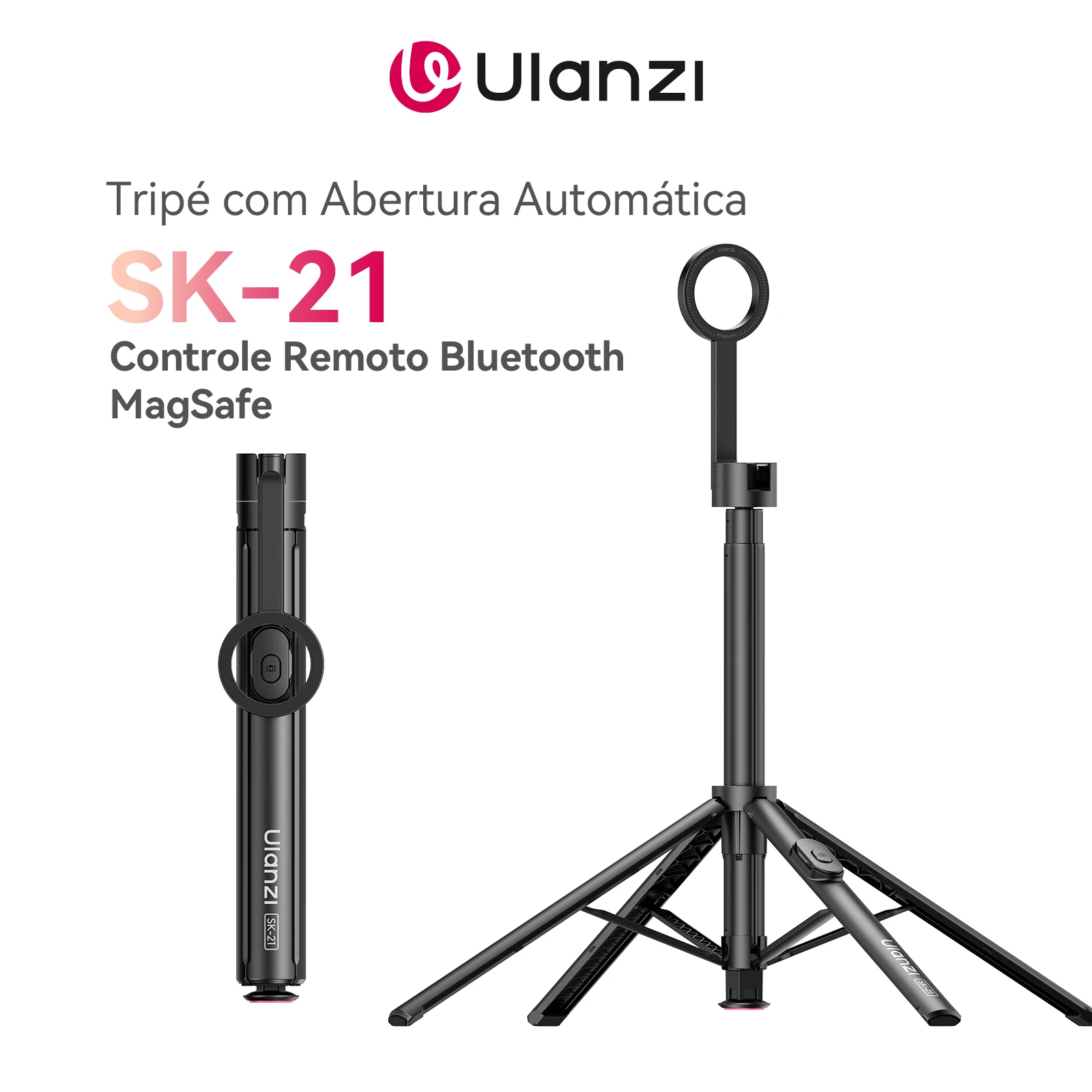 Ulanzi SK-21 Magnetischer Selfie-Stick, automatisch öffnendes Stativ, 1,8 m ausziehbares Stativ für Telefon, iPhone, Android, MagSafe, Vlog, Live-Streaming