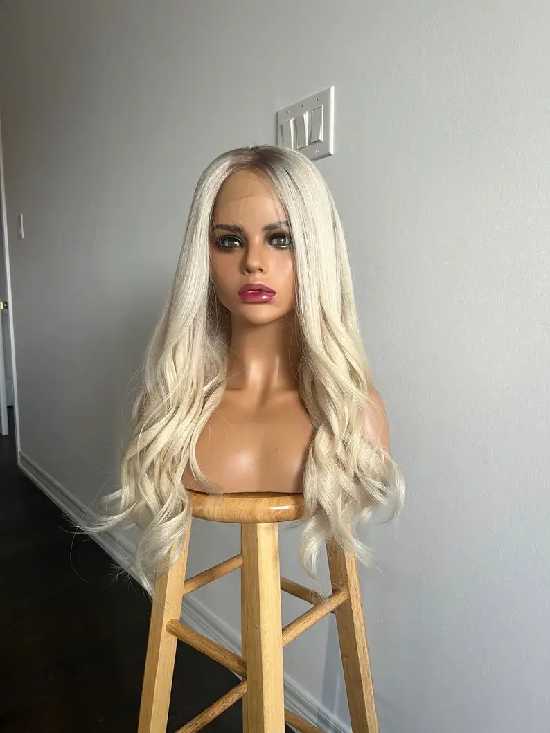 باروكات صناعية من الدانتيل أشقر فاتح مع جذور داكنة، شعر مستعار طويل الطول بطول كامل للنساء، ألياف سمراء عالية الجودة #3