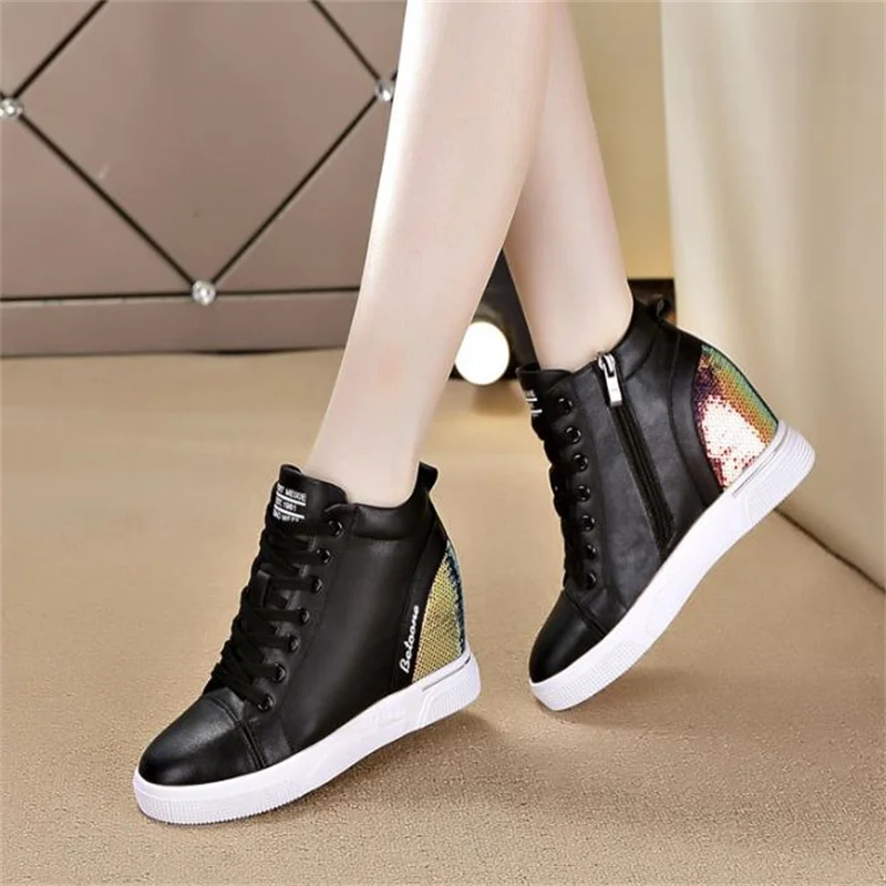 7cm  women Genuine Leather sequin Shoes Women Sneaker Shoes High Heels Increase Within Wedges Casual Vulcanized shoes  34 40