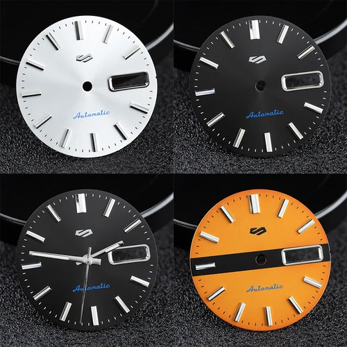 Esfera NH36 de 28,5mm, esfera S, doble calendario, manecillas luminosas para reloj para movimiento NH35/36, esferas modificadas, piezas de repuesto para reloj