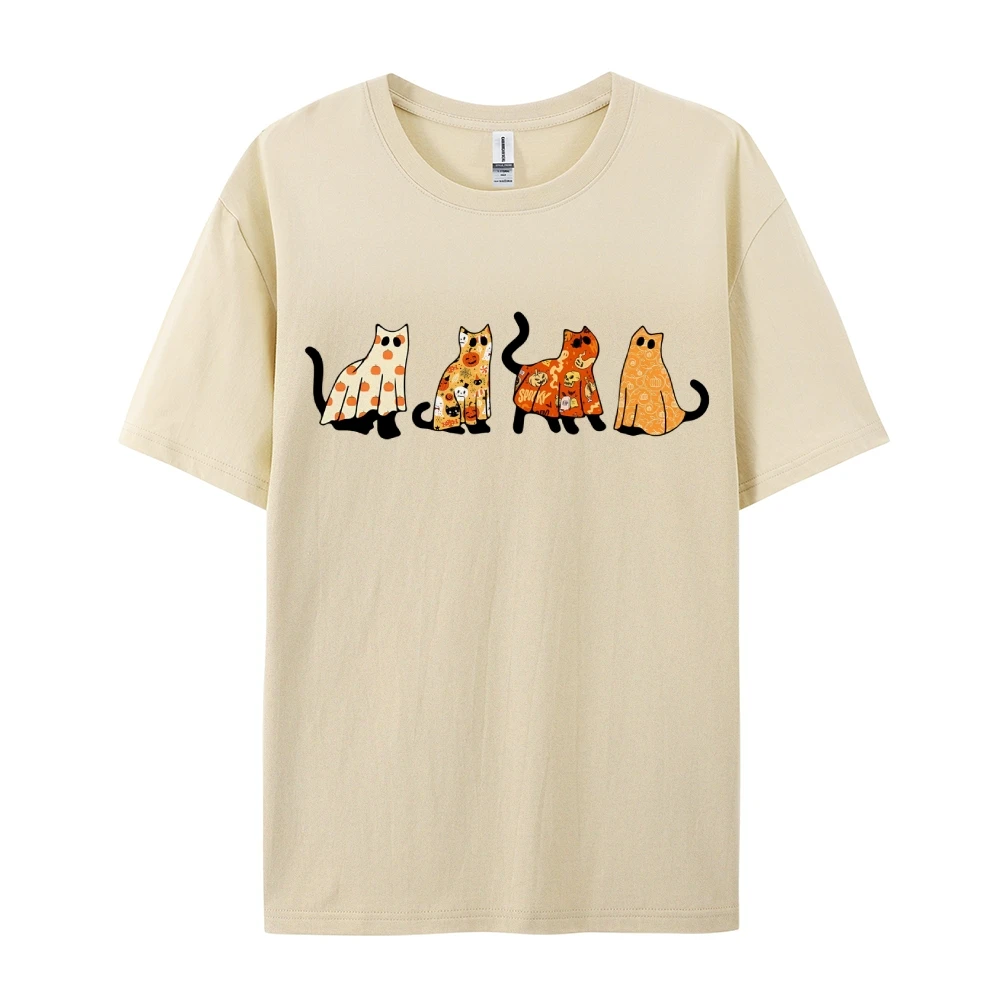 Funny Cat Ghost Skull Halloween Women's Short Sleeve Tee Comfort Colors Spooky Season Casual Women's Cotton t-Shirts Cat Lovers