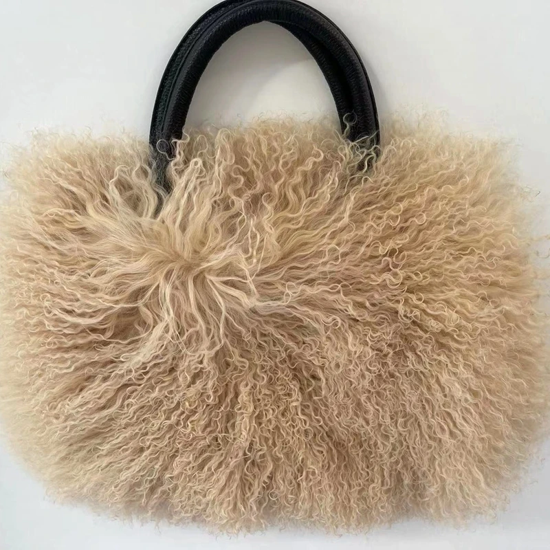 Women Real Mongolian Fur Bag Australian Beach wool fur Shoulder bag Ladies Tibetan Lamb fur wrist bag