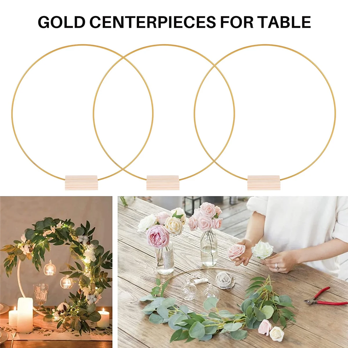 10 PCS 12 Inch Metal Floral Hoop Centerpieces for Table, Metal Wreath Ring with 10 PCS Place Card Holders for Wedding