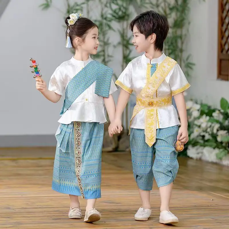 Thailand Myanmar boy girl Dai clothing Water Splashing Day Children's Ethnic Clothing Dai Performance Clothing Set for kid