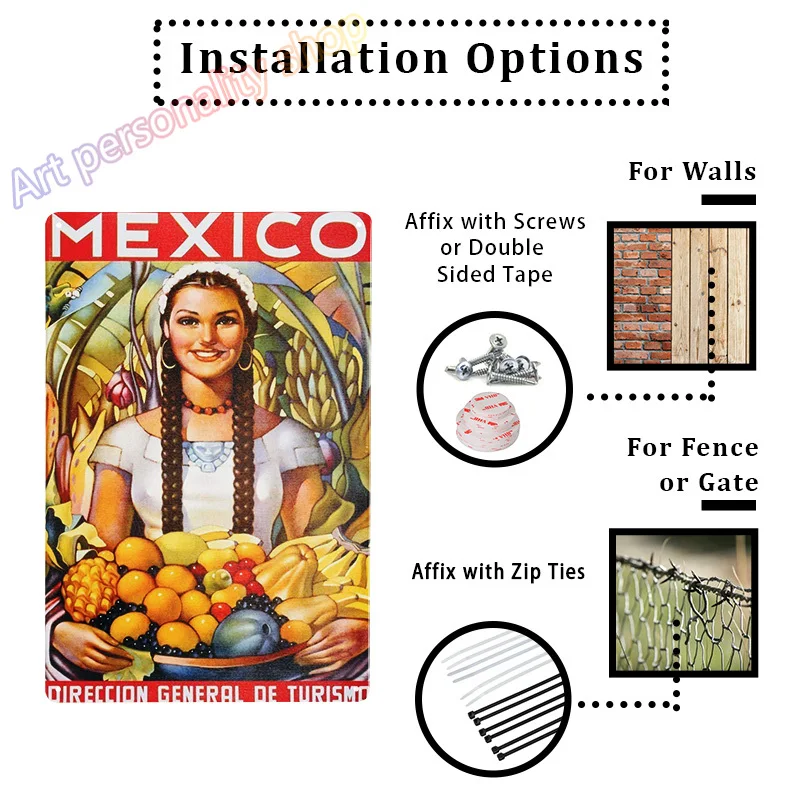 Vintage Mexico Lady with Fruit Tin Sign Mexican Metal Metal Wall Plate for Man Cave Home Bar Garage Restaurant 8x12 Inch