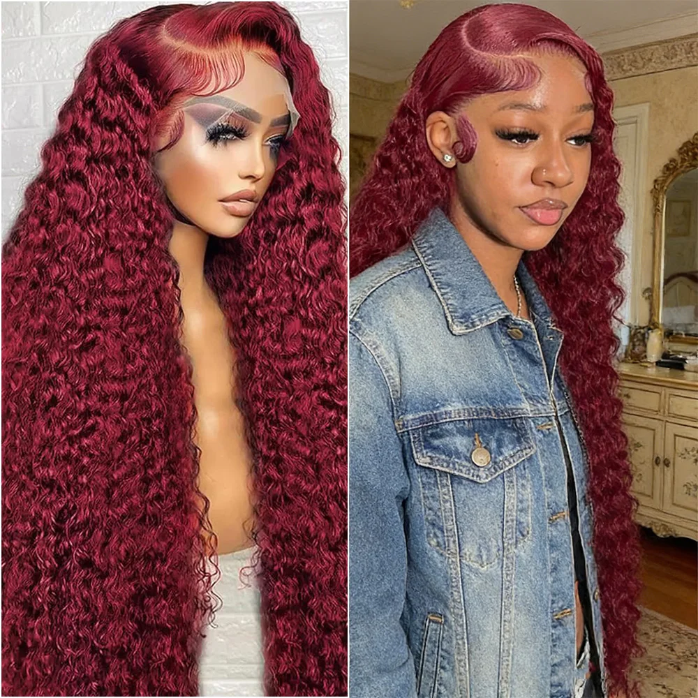 

Парик из натуральных волос 220 Density 99J Бордовый 13x6 HD Lace Frontal, предварительно прорезанный, окрашенный, бразильский, глубокая волна, кудрявый, 40 дюймов