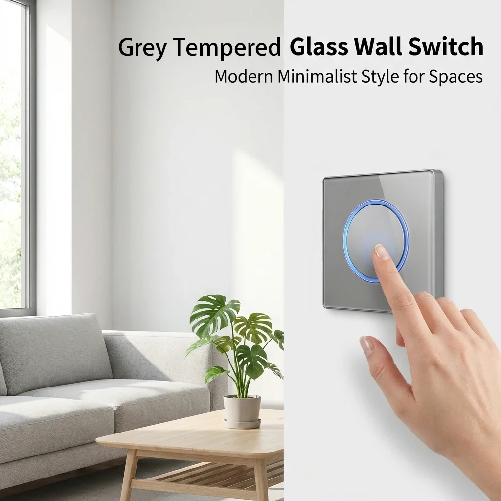 Glass Panel Grey Wall Switch Round Button with Blue LED Indicator Press Button Home Office EU Electrical Outlet Power Socket