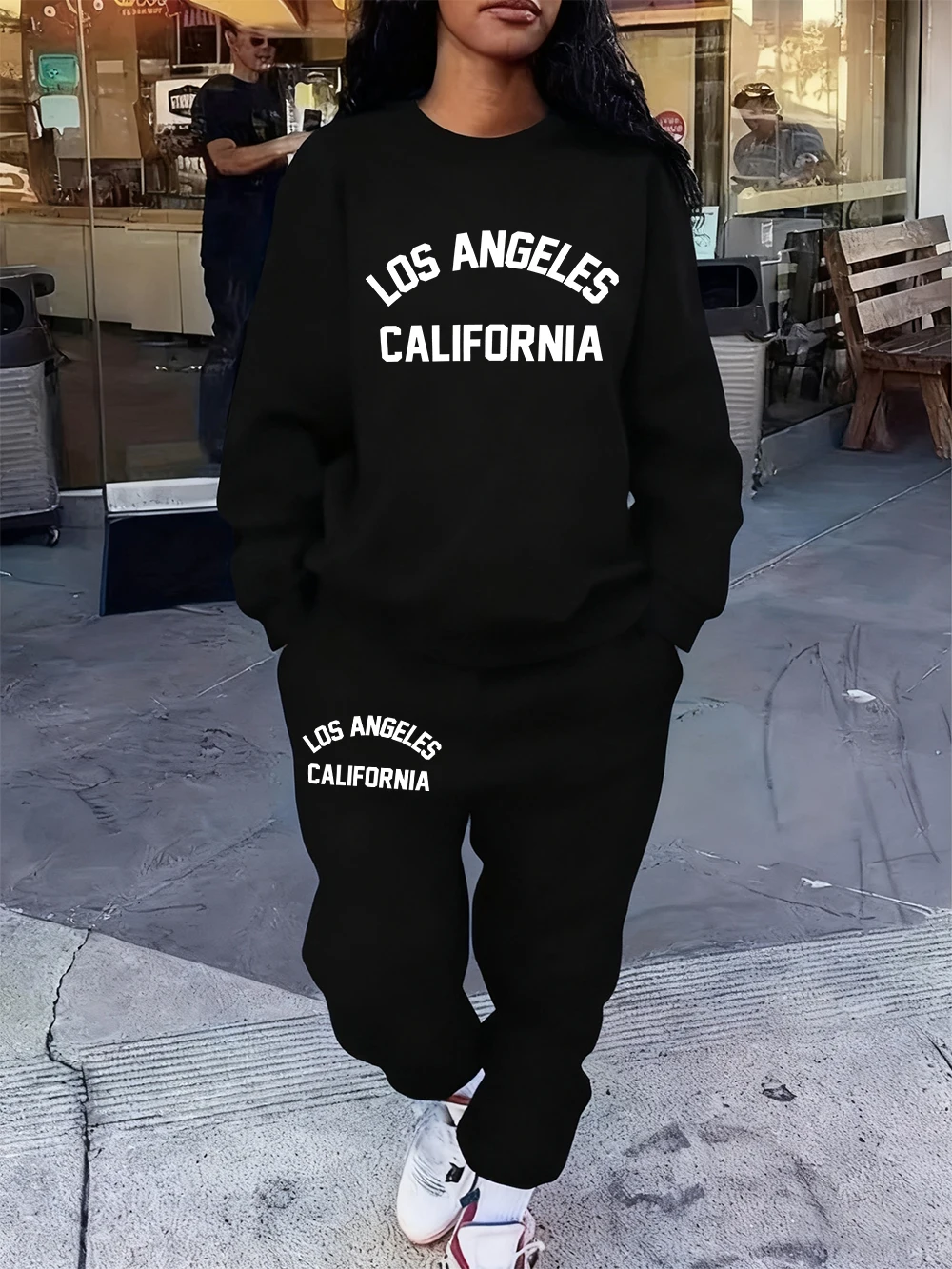 2 Pcs Hoodies Set Women Los Angeles California Prints Sweatpants Winter Loose Fleece Sweatshirt Jogging Outfits Pocket Clothes