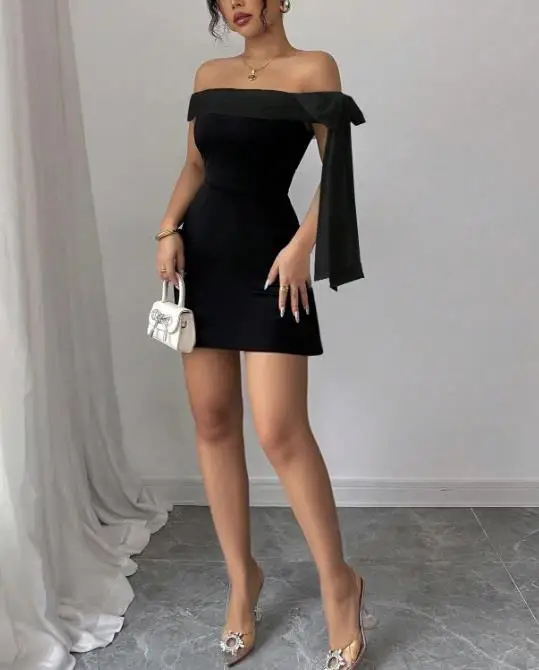 

Women's Dress Summer New Fashion Mature Style One Neck Off Shoulder Bow Decoration A-Line Dress Suitable for Party Dresses