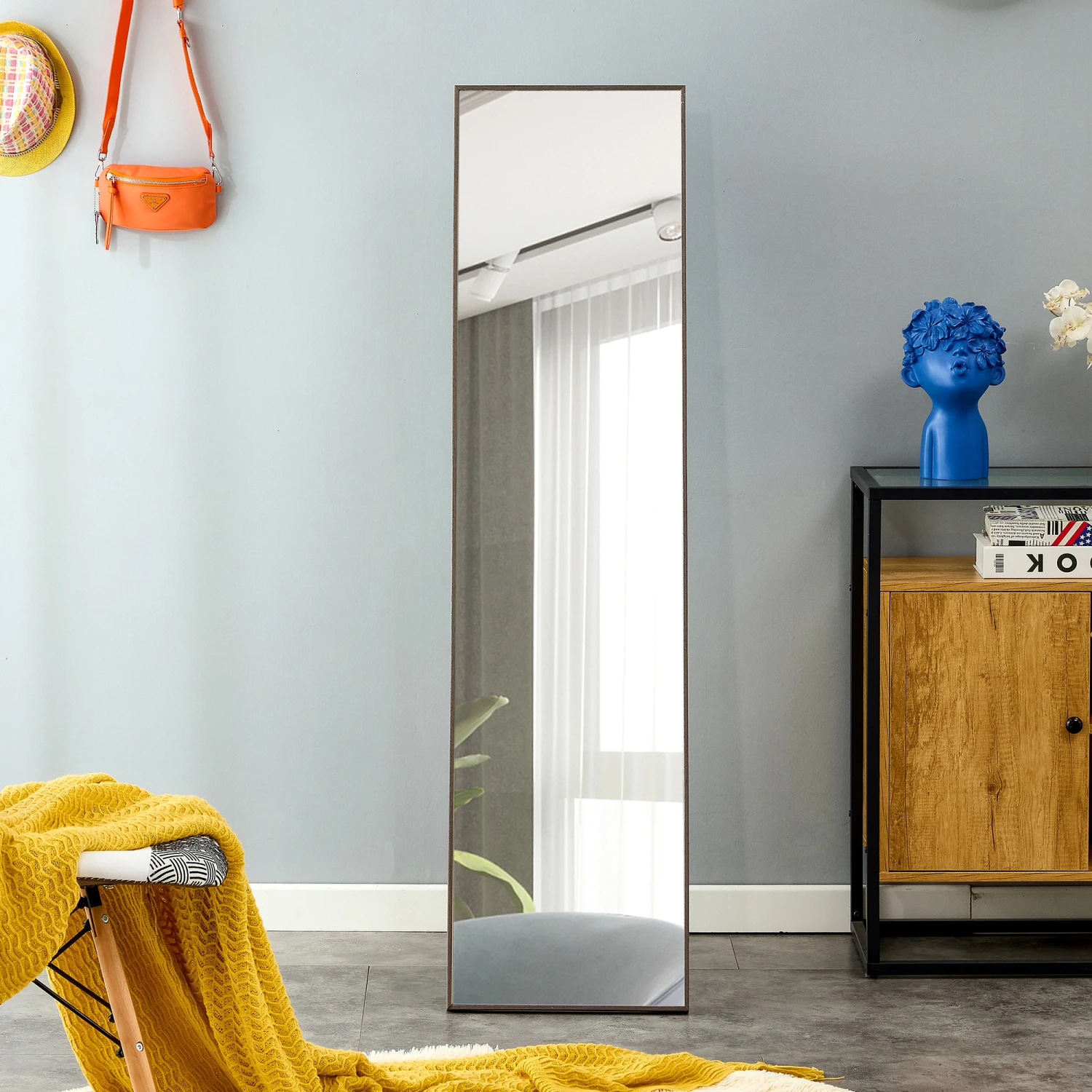 

3rd Gen Gray Solid Wood Frame Full Length Mirror 58" x 15" - Dressing Mirror for Bedroom, Porch, Clothing Store - Floor/Wall Mou