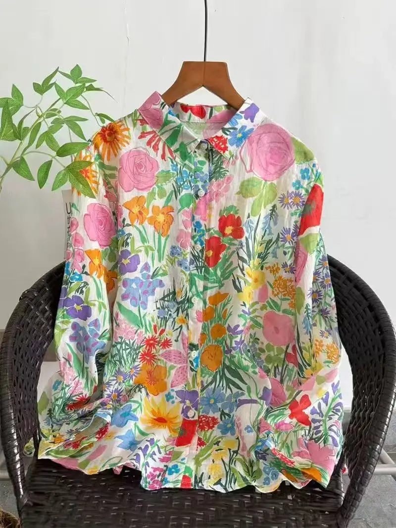

2026 Women's summer shirt 100% ramie shirts for women summer spring beautiful floral print long sleeve blouses womens tops