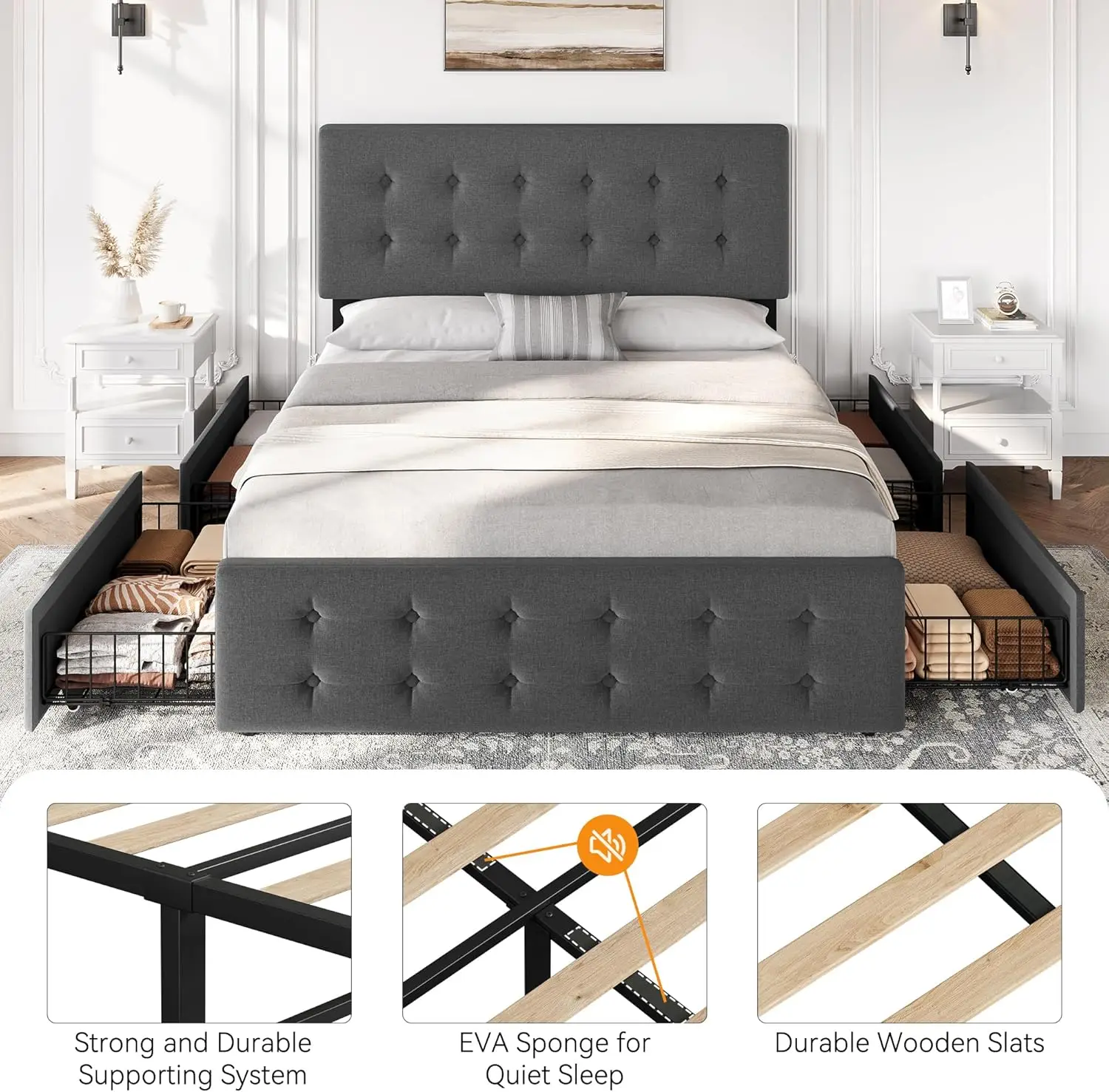 Full size bed frame with 4 storage drawers and adjustable headboard, cushioned mattress base, dark gray (all models)