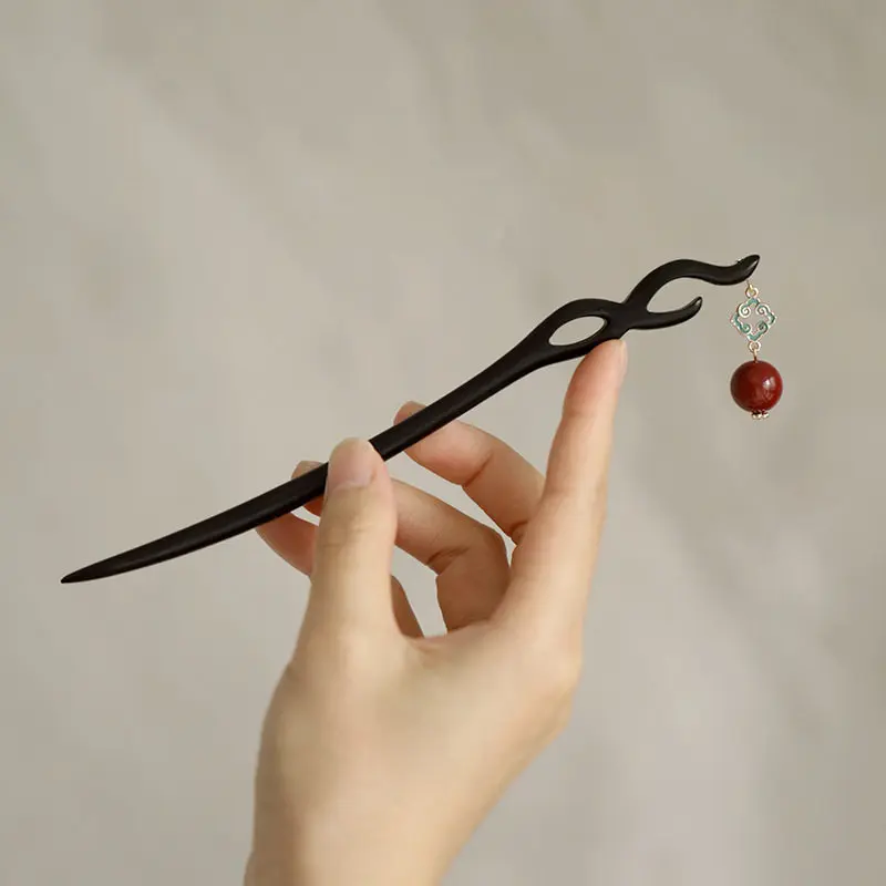 Chinese Style Good Luck Success Natural Ebony Wood Hair Stick With Cinnabar Bead Auspicious Cloud Pendant Vintage Traditional
