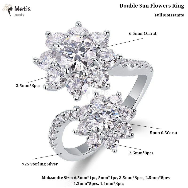 Luxury Full Moissanite Rings S925 Silver for Women Double Sun Flowers Adgustable Engagement Wedding Bands Gift Jewelry