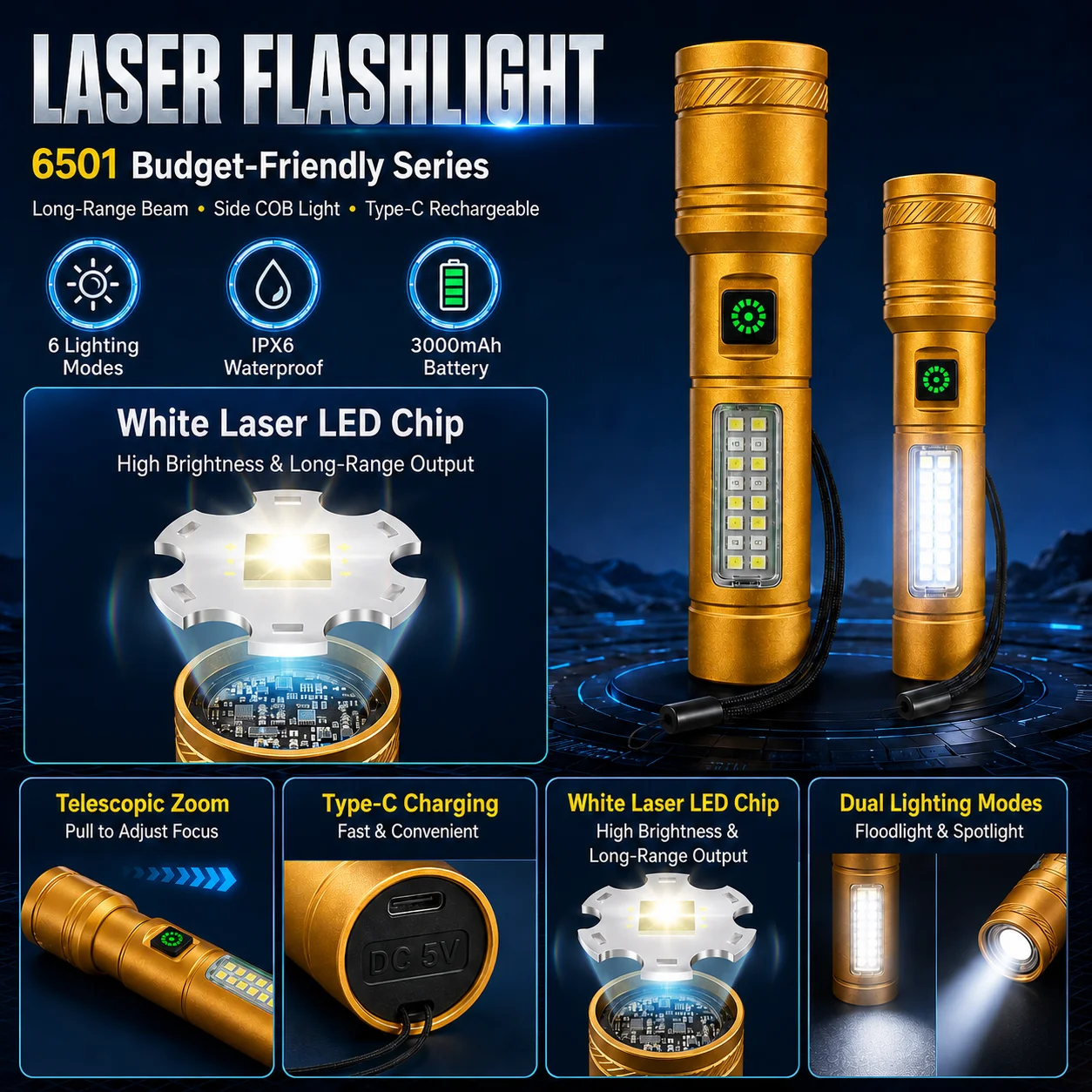 Rechargeable LED Flashlight 500LM+ Zoom Torch Type-C 6-Mode Side COB Light Battery Display IPX6 Waterproof Camping Emergency