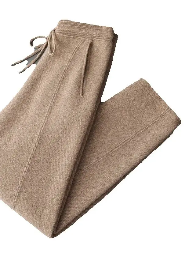 

High Quality Autumn Winter New Men's Clothing Elastic Waist 100% Cashmere Smart Casual Knitted Pants Solid Color Pocket Trousers