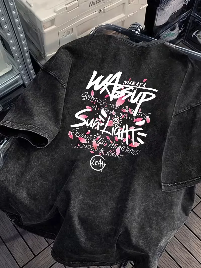 Wassup Sunlight & Tokyo Japan City Graphic Acid Wash T-Shirt Vintage Japanese Streetwear Oversized Casual Tops For Men Women