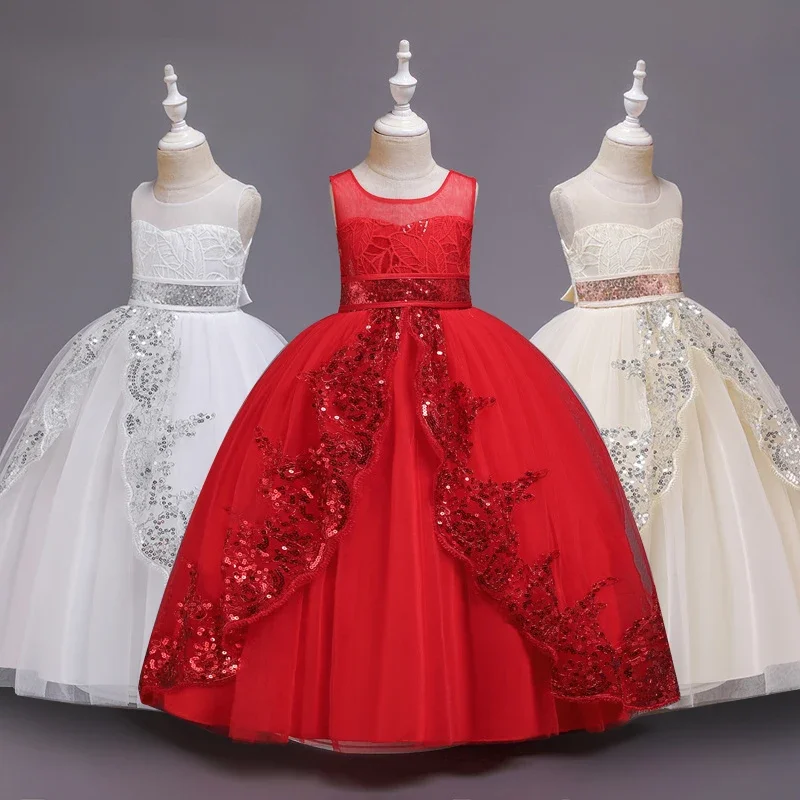 Robe de demoiselle d'honneur blanche à paillettes pour enfants, vêtements de fête de mariage pour enfants, robe de Rhde princesse de première communion, robe éducative pour enfants de 3 à 14 ans, nouveau, 2024