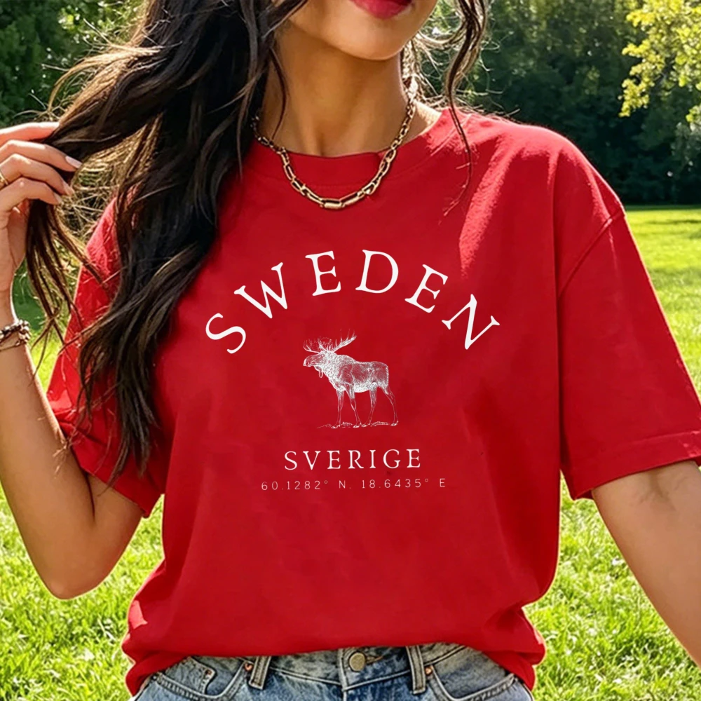 Sweden Heritage T-shirt Sverige Moose Latitude Longitude Coordinate Cotton Tee Nordic Country Minimal Sketch Graphic Casual Tops
