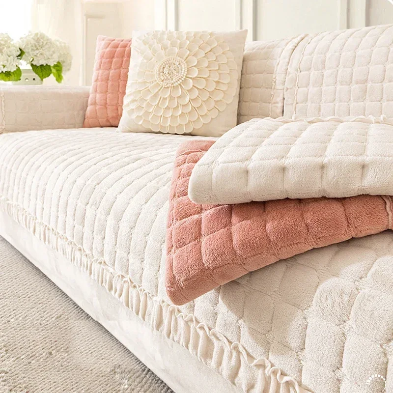 

Winter Thick Plaid Plush Sofa Cover Warm Velvet Non-Slip Cushions Living Room Flannel Couch Covers Universal Armrest Back Towel