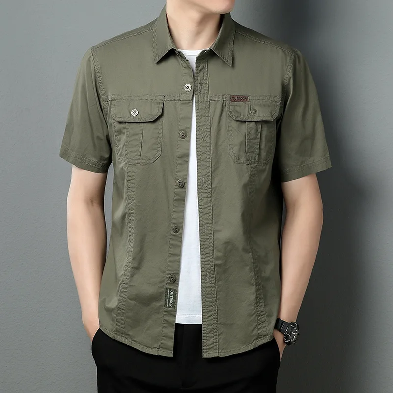 Men's Summer Thin Short Sleeve Shirt Jacket Solid Color Casual Pure Cotton Outdoor Workwear Slim Fit Men's Formal Shirt